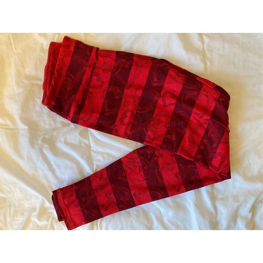 LuLaRoe Red Burgundy Heart Striped Leggings One Size OS Valentines Day Casual